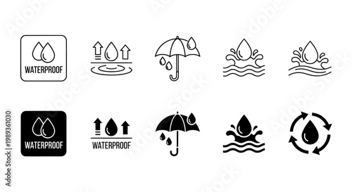 Waterproof vector icon set with water drops and umbrella symbols
