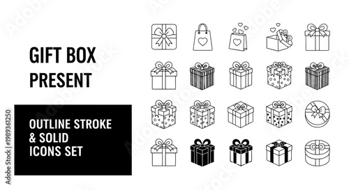Gift box vector icon set with present and shopping bag symbols
