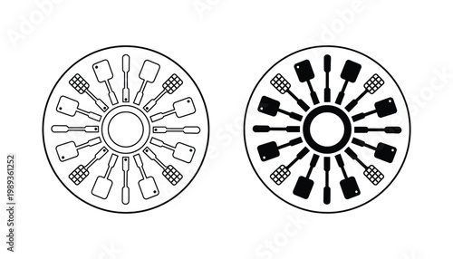 Kitchen Utensils Radial Arrangement Grilling Spatulas Icon Set