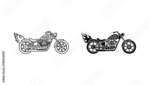 Motorcycle Chopper Flames Outline Silhouette Biker Emblem Vector Graphic