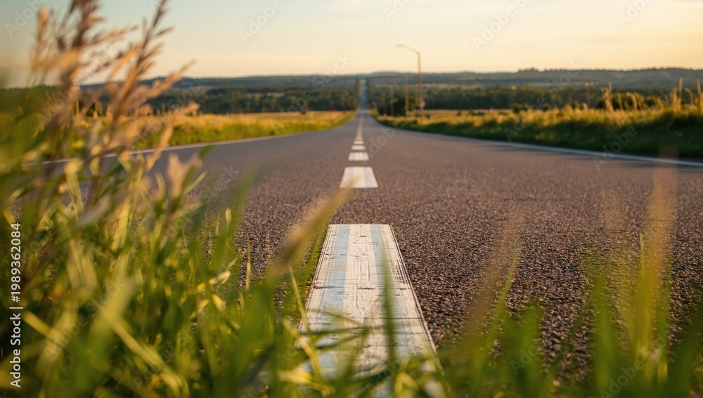 Fototapeta premium Perspective of bike lane stripe on paved road with grass in front.