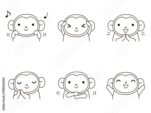 手遊びをするサルのイラストセット　線画