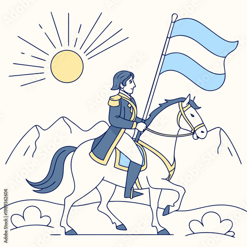 General San Martin on Horseback with Argentine Flag Vector