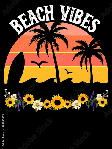 Sunset beach illustration with palm trees, surfboard, waves, and sunflowers, capturing a tropical summer vacation feeling