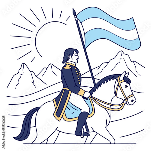 Argentine General on Horse with Flag and Andes Mountains Vector