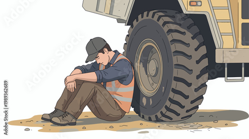 A construction worker taking a break under a large vehicle.
