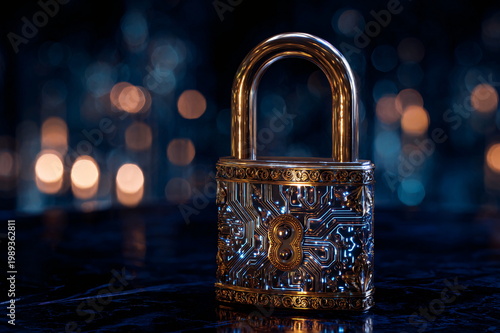 Ornate Vintage Padlock with Digital Circuitry Design and Golden Accents, Macro Photography