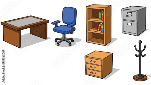 Isometric office furniture set desk chair shelves filing cabinets and coat rack