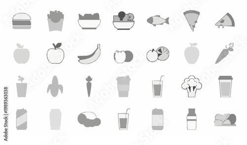 Food and drink line icon set fast food healthy meal beverage outline vector UI icons isolated