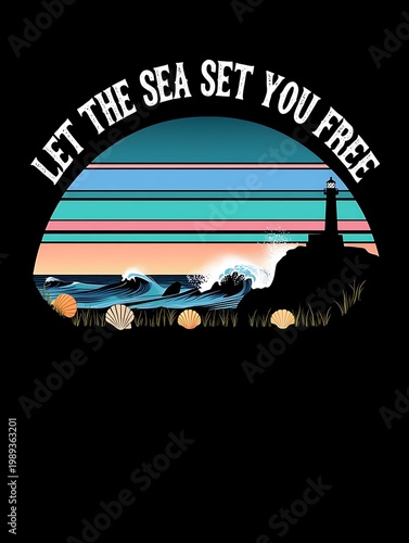 Retro Coastal Lighthouse and Ocean Design with Inspiring Freedom Slogan. Vintage Striped Sunset Silhouette of Seaside Scenery with Waves and Seashells