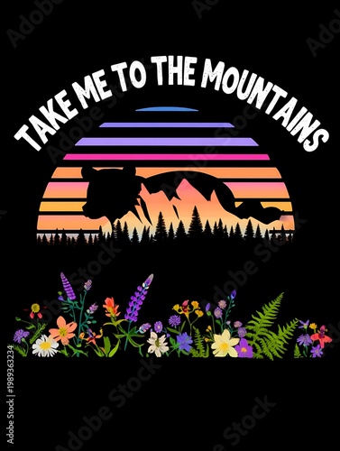 Vibrant Retro Sunset Mountain Landscape with Silhouetted Forest and Colorful Wildflowers Graphic Design for Nature Lovers and Adventure Seekers
