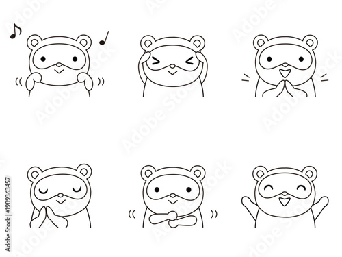 手遊びをするタヌキのイラストセット　線画