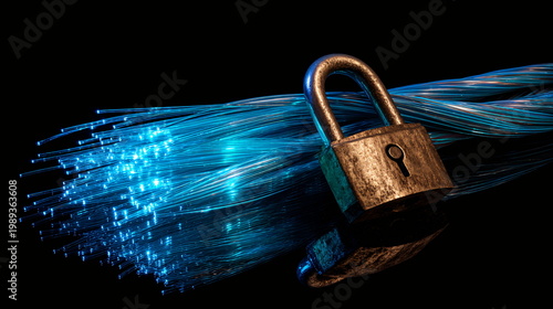 Cybersecurity concept with a rustic padlock safeguarding glowing blue fiber optic cables on black