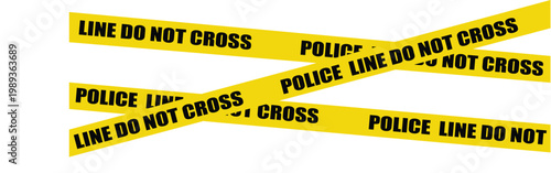 Police crime scene tape with line do not cross warning on white background yellow caution stripes