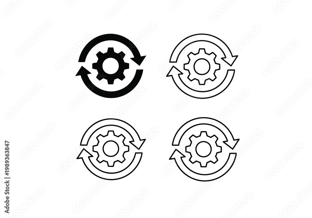 Fototapeta premium Set of gear icons with circular arrows, mechanical process symbols, vector illustration