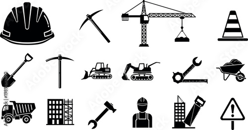 Black construction including hard hat shovel crane excavator and warning sign