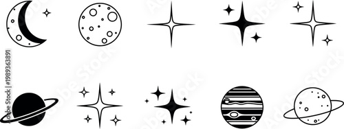 Black and white of celestial bodies and starbursts on white background space moon crescent moon planet