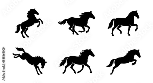 Black horse silhouette collection, set of 6 wild stallion vector icons, galloping and rearing mustang silhouettes for equestrian logo design