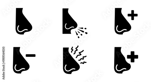 Nose health and rhinoplasty icon set, 6 medical nose vector symbols, nasal surgery and breathing problem icons, black silhouette human nose illustrations