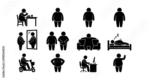 Obesity and sedentary lifestyle icons set, 12 overweight person stick figures, unhealthy habits and weight gain vector illustrations for medical infographics