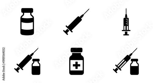 Medical vaccine icons set, black syringe and medicine vial vector silhouettes, healthcare injection and pharmaceutical bottle graphics for clinical use