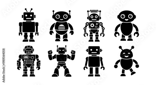 Retro robot icons set, black silhouette mechanical droids, futuristic character collection, 8 vintage toy robot vector illustrations for tech design