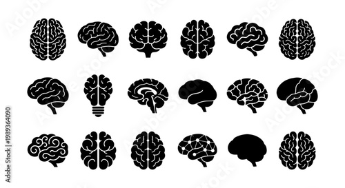 Human brain icon set, 18 black silhouette mind and intelligence symbols, medical neurology vector collection, mental health and psychology graphics