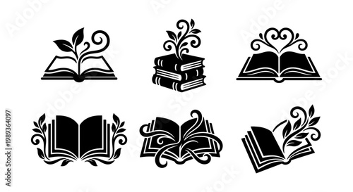 Minimalist book icons with growing leaves, black and white literary floral vector set, 6 organic education logos for publishing and storytelling