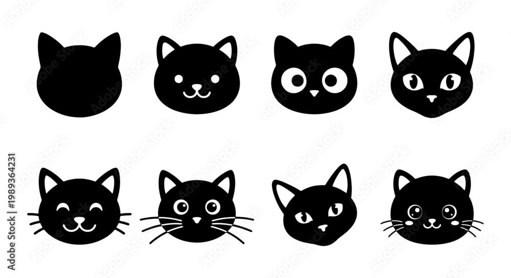 Fototapeta premium Black cat head icons set, minimalist feline face silhouettes, 8 cute kitten emoji vector illustrations, simple animal character design elements