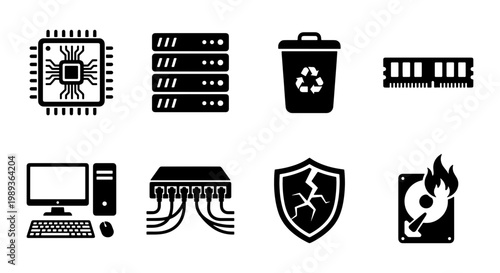 Computer hardware and data server icon set, 8 black solid vector symbols, information technology infrastructure and cybersecurity icons for web design