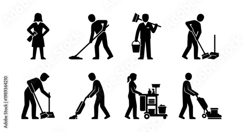 Professional cleaning service icons set, janitor and maid silhouettes with equipment, housekeeping staff vector collection for commercial maintenance