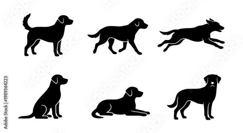 Labrador retriever silhouettes set of 6 vector icons, black dog breed poses including running and sitting, canine animal profile graphics for pet branding