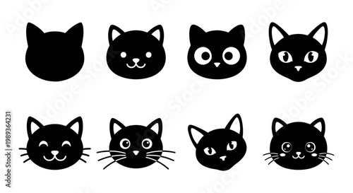 Black cat head icons set, minimalist feline face silhouettes, 8 cute kitten emoji vector illustrations, simple animal character design elements