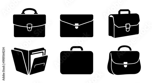 Professional briefcase icons set, black business bag silhouettes, 6 office portfolio and document folder vector elements for corporate branding