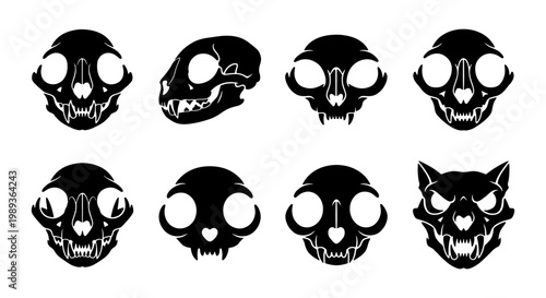 Cat skull vector set, black feline animal bone silhouettes, 8 gothic kitten skull icons, macabre anatomy illustrations for halloween and tattoo design