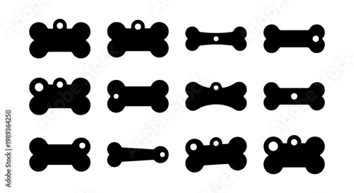 Dog bone tag silhouettes, set of 12 pet identification nameplate vectors, black bone shaped pendant icons for animal collars and jewelry