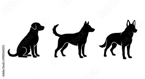 Black dog silhouettes collection, set of 3 canine vector icons, minimalist pet animal profiles, standing and sitting dog breeds for logo design