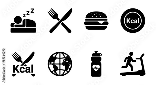 Healthy lifestyle icons set, fitness and nutrition black vector symbols, 8 wellness and diet elements for mobile app and web design