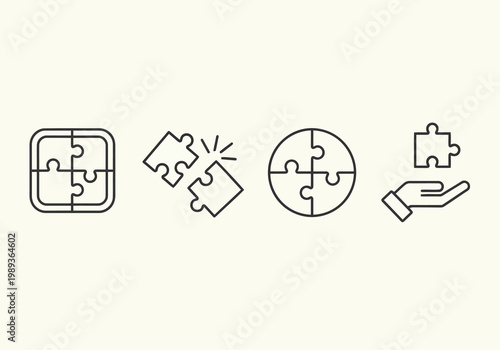 Set of puzzle icons, jigsaw pieces, logical thinking, problem solving, connection and solution concept, vector line art illustration