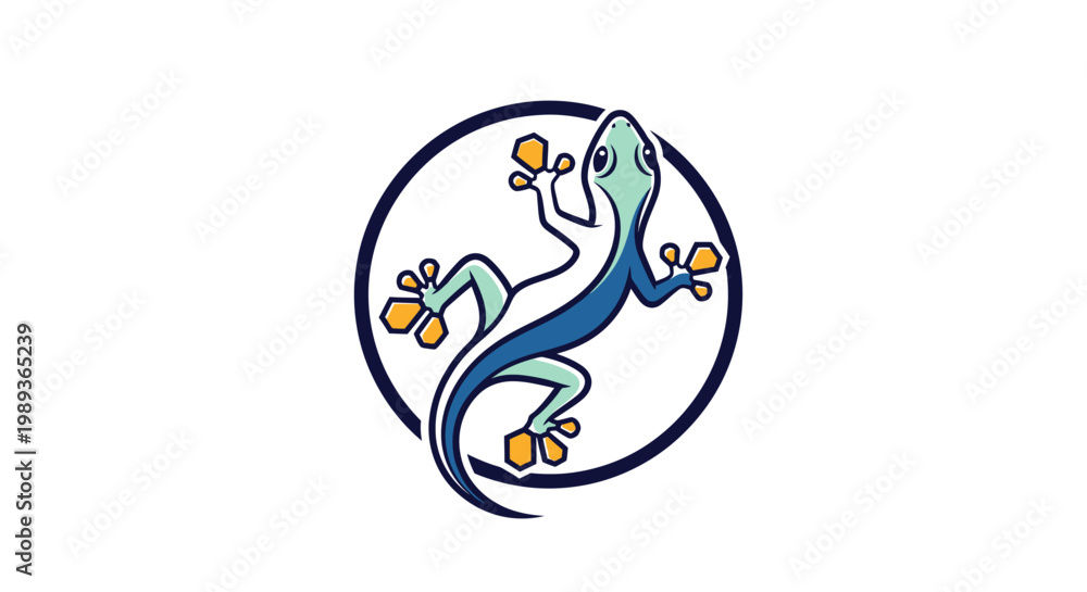 Obraz premium Stylized blue and green gecko with yellow feet inside a dark blue circular logo on a white background.