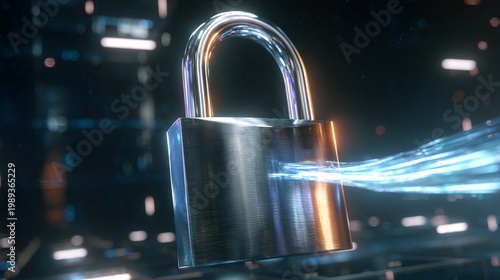 A gleaming metal padlock securely protecting digital data flow, symbolizing cyber security