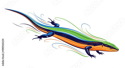 Vibrant and stylized illustration of a colorful lizard, possibly a skink, with a green and blue back and an orange belly, surrounded by dynamic swirling lines.