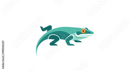 Stylized green lizard illustration with an orange eye on a white background.