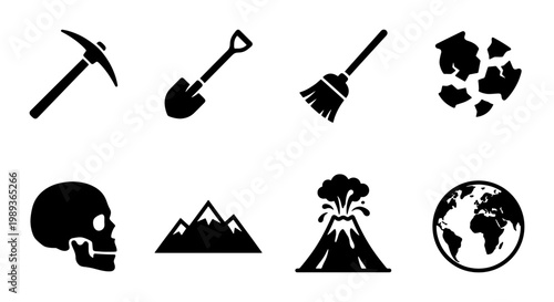 Geology and archaeology icon set, black solid vector symbols of pickaxe and shovel, volcano and mountain icons, earth science and mining collection