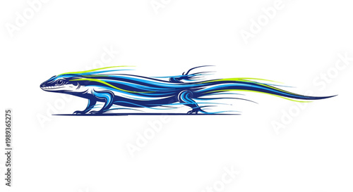 A dynamic graphic illustration of a blue lizard with speed lines in blue, green, and yellow, conveying rapid motion on a white background.