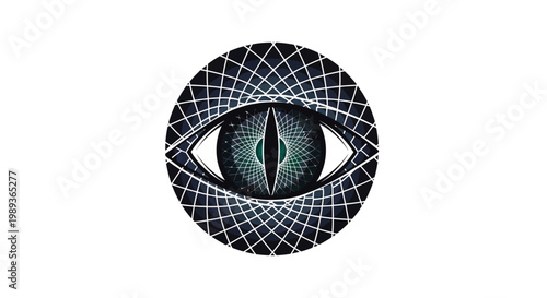 A stylized, reptilian-like eye with a vertical pupil and a greenish-blue iris, set against a dark geometric grid pattern within a circular frame.