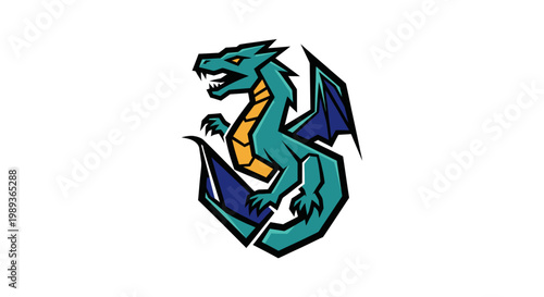 A stylized teal and blue dragon logo with yellow accents, featuring sharp lines and a fierce expression, suitable for sports teams or gaming.