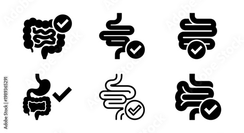 Healthy gut icon set with 6 vector elements, digestive system symbols with checkmarks, human intestine and stomach health icons for medical apps