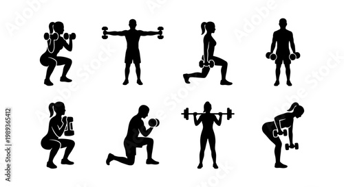 Fitness workout silhouette icons, set of 8 gym exercise vector illustrations, male and female athletes training with dumbbells and barbells