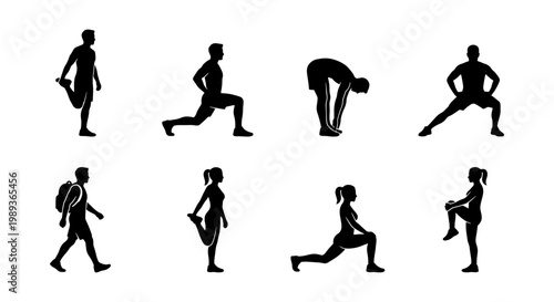 Stretching exercise silhouettes set, 8 athlete workout poses vector, men and women warming up for fitness training, gym and yoga icons
